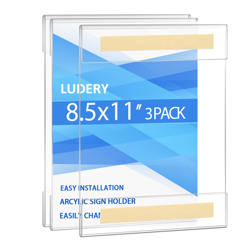 Ludery Acrylic Sign Holder 8.5 x 11 Wall Mount, Clear 8.5 x 11 Acrylic Sign Holder with Double Sided Tape Adhesive for Home, Office, Store, Restaurant (3 Pack) - Image 1